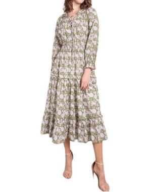 SENLIS Helene Tiered Floral Midi Dress White Green Women's Size Large